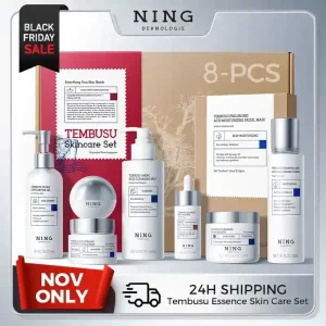 tembusu essence skin care set –8 step routine with amino cleanser, clay mask, toner, salicylic acid serum, cream & eye treatmen